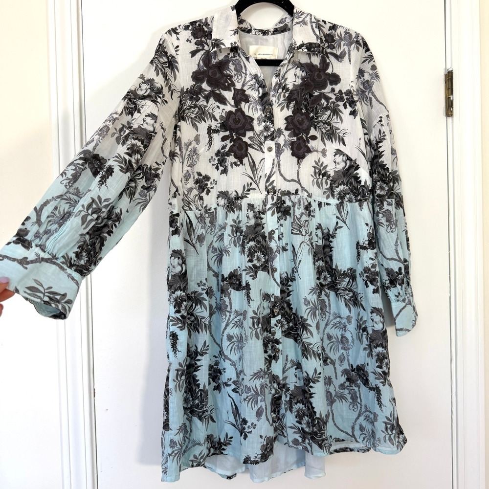 Anthropologie Lavinia Embroidered Blue White Floral Cotton Shirt Dress Size 8 - Picture 4 of 9